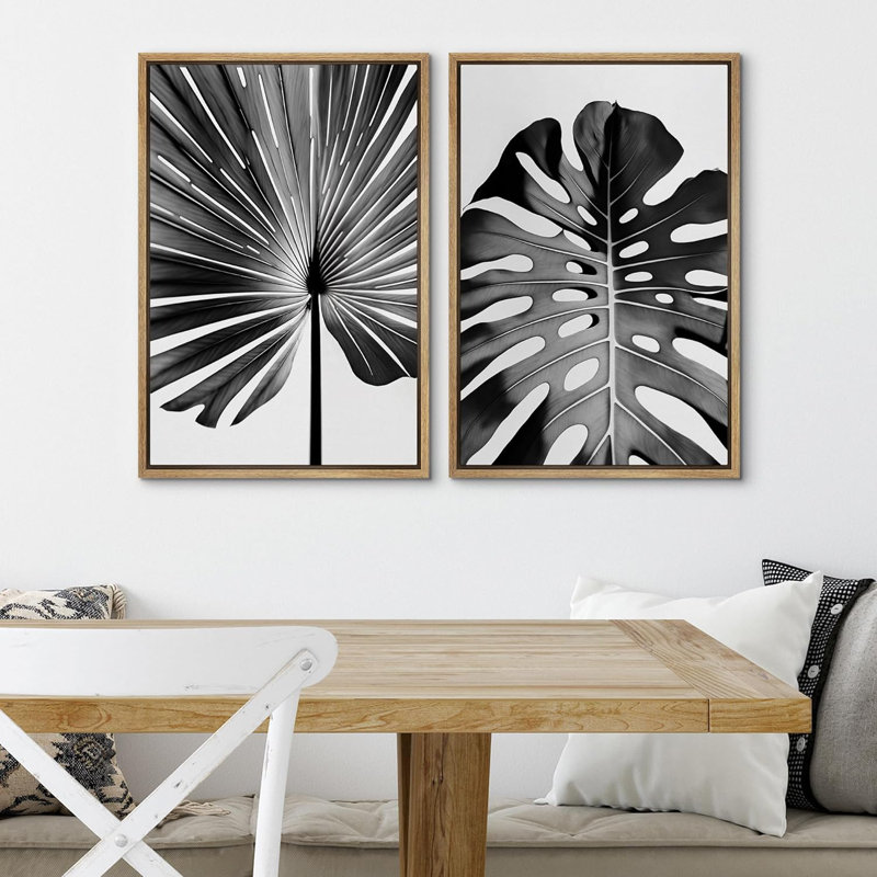 Tropical Palm " Black & White Tropical Leaf Print Monstera Jungle Leaf Jungle Poster Botanical Print Floral " 2 - Pieces