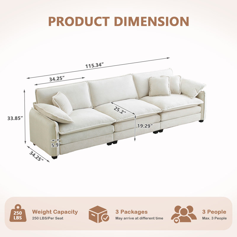 Canapé modulaire Mid-Century 3 places avec 2 accoudoirs et 3 coussins décoratifs, tissu en velours côtelé beige, Beige
