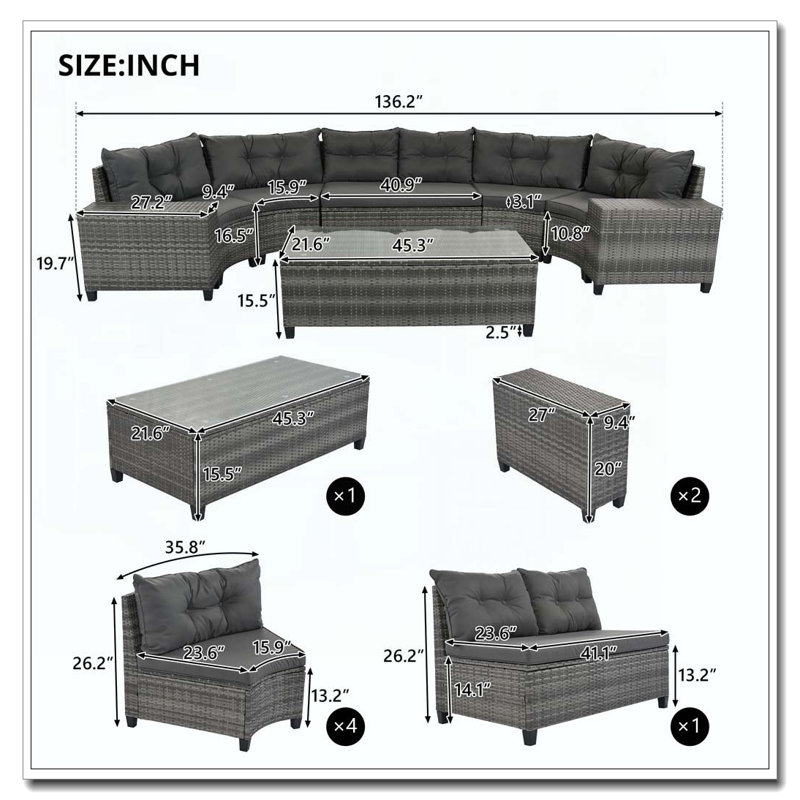 Ensemble de 8 chaises d'extérieur rondes en osier, Gray