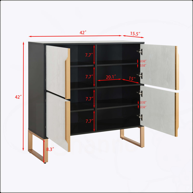 Armoire de rangement à quatre portes avec base en métal et poignées, polyvalente pour la cuisine, la salle à manger et le salon