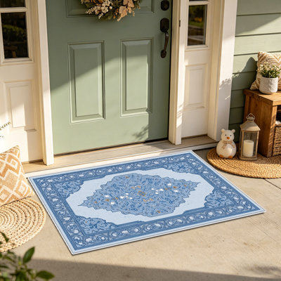 Tapis bleu-blanc rétro de 1 pièce, élégant tapis décoratif polyvalent, facile à nettoyer et à entretenir, pièce de mobilier idéale pour la chambre à coucher, le salon, le couloir, l'entrée, le dortoir et le bureau afin de rafraîchir l'ambiance intérieure de votre maison