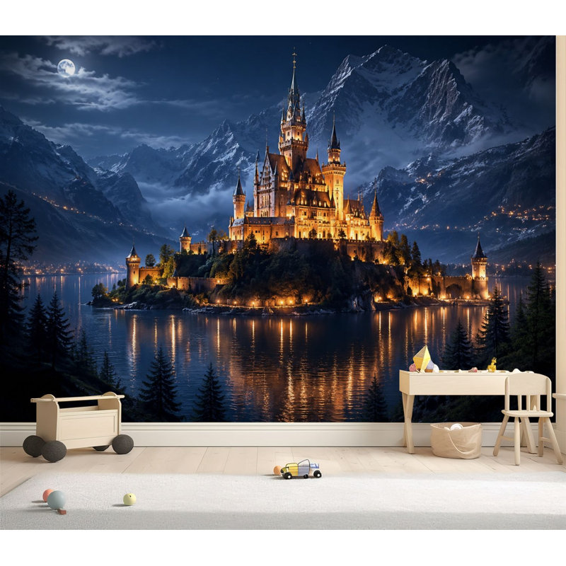 Papier peint auto-adhésif Majestic Illuminated Castle Mountain Lake Snow Capped Peaks Night, L 69 po x l 96 po