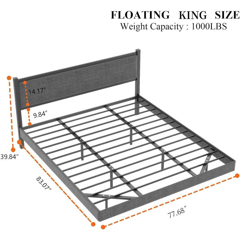Glyniss Floating Upholstered Metal Platform Bed, King