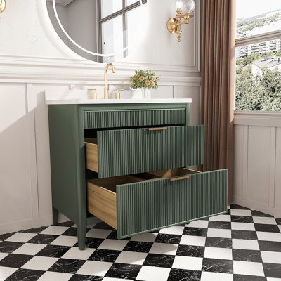 Fully Assembled 36''  Green Freestanding Single Sink Bathroom Vanity With Solid Wood Construction And Engineered Marble Top