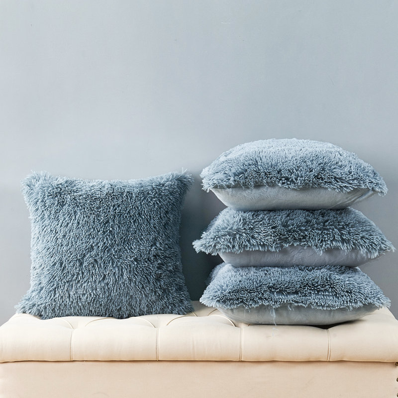Shaggy Faux Fur Square Throw Pillow Cover, Silver Blue