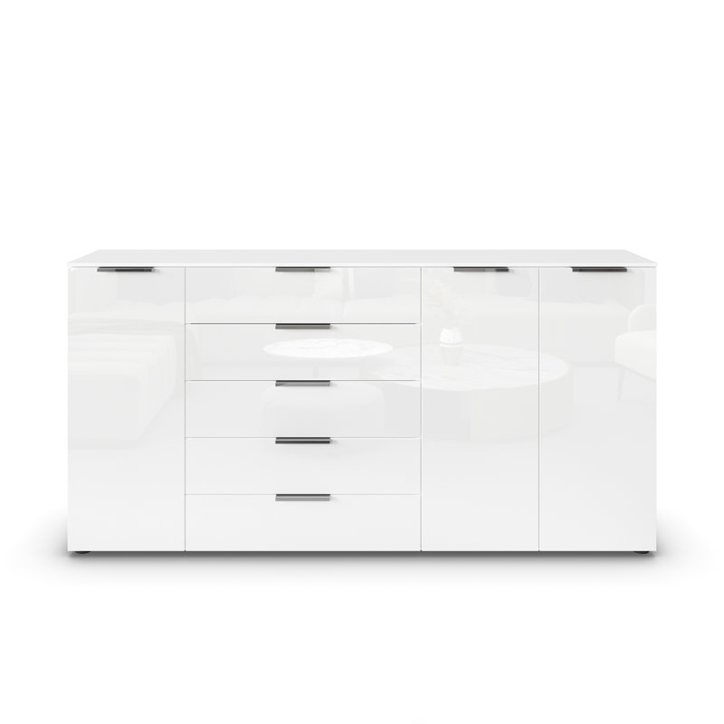 5 - Drawer Chest of Drawers, Alpine White/White Glass/Chrome