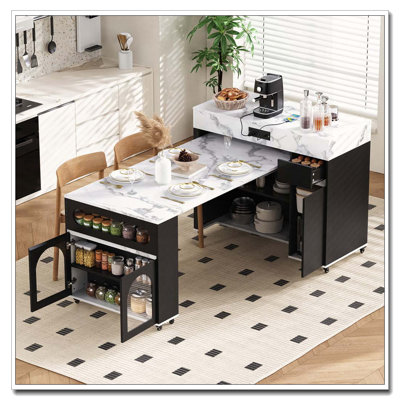 Extendable Dining Table with Extra-Long Folding Top, Rolling Kitchen Island with Drawers, Power Outlet and Brake lock, Storage Cabinet