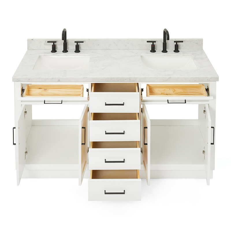 Tidworth Solid Wood Double Bathroom Vanity with 1.5'' Carrara Marble Top, Rectangular, White / Matte Black