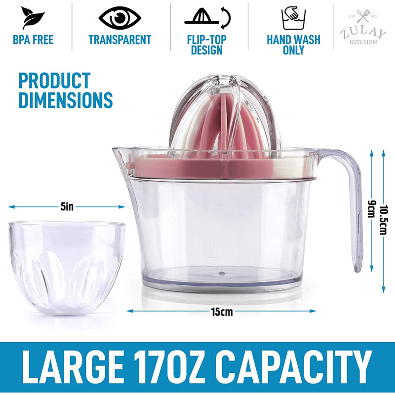 Zulay Kitchen 3-in-1 Citrus Juicer Reamer Cup 17oz Lemon Squeezer Juicer Extractor, Pink