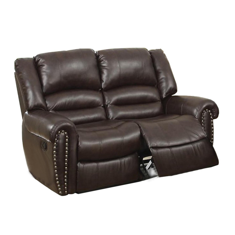 Gentian 63"W Faux Leather Round Arm Reclining Loveseat, Brown Faux Leather