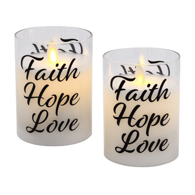 Battery Operated LED Glass Candles with Flickering Flame, Faith Hope Love - 2 Piece