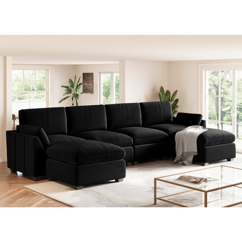 Velvet & Plush Wide Modular Sectional Sofa With Ottomans, L U Shaped Livingroom Sofa, Black Velvet