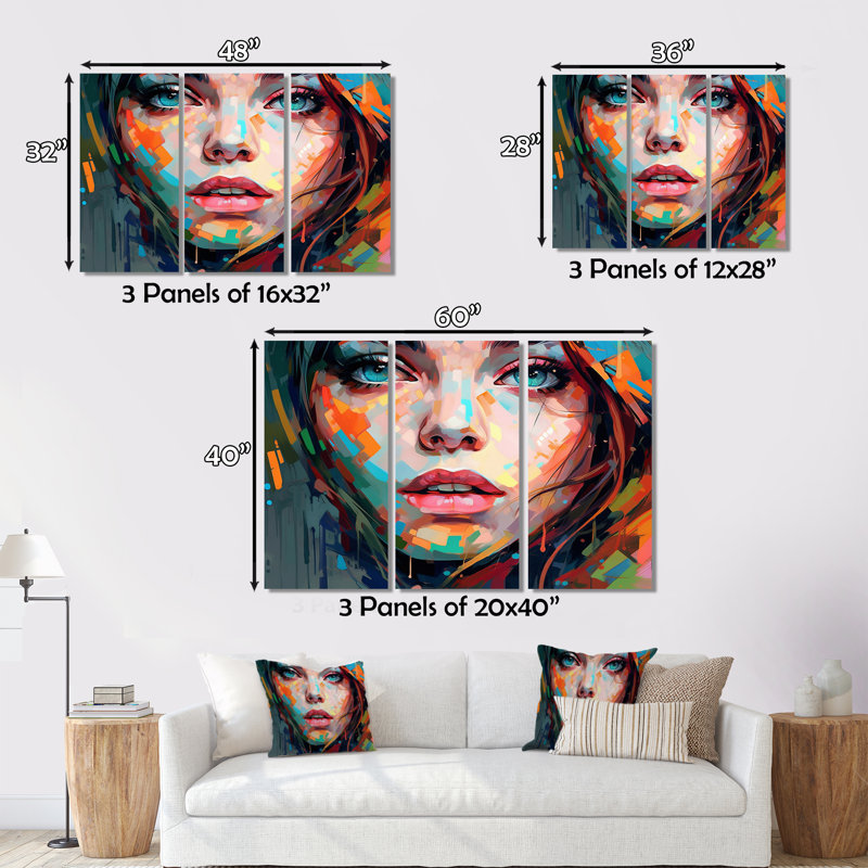 Portrait coloré de femme II sur toile, 3 pièces, H 28 po x l 36 po x P 1 po