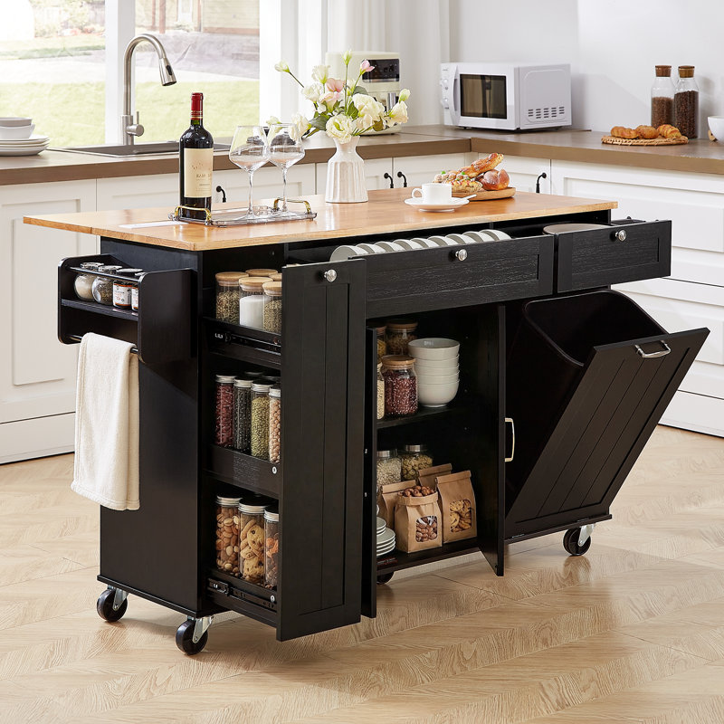 61.5" Rolling Kitchen Island with Trash Storage Cabinet, Spice Rack, Large Storage Cabinets, Power Outlet and Locking Wheels