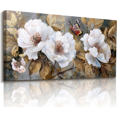 Tableau floral moderne sur toile, décoration murale blanche et dorée 50 x 100 cm