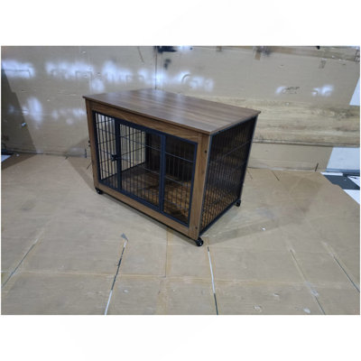 38.6" Dog Crate Furniture With Wheels For Small Dogs, Heavy Duty Dog Kennel Indoor With 2 Doors, Wooden Pet Cage End Table, Double-Doors Sturdy Metal Dog Cage For Anxiety Dog