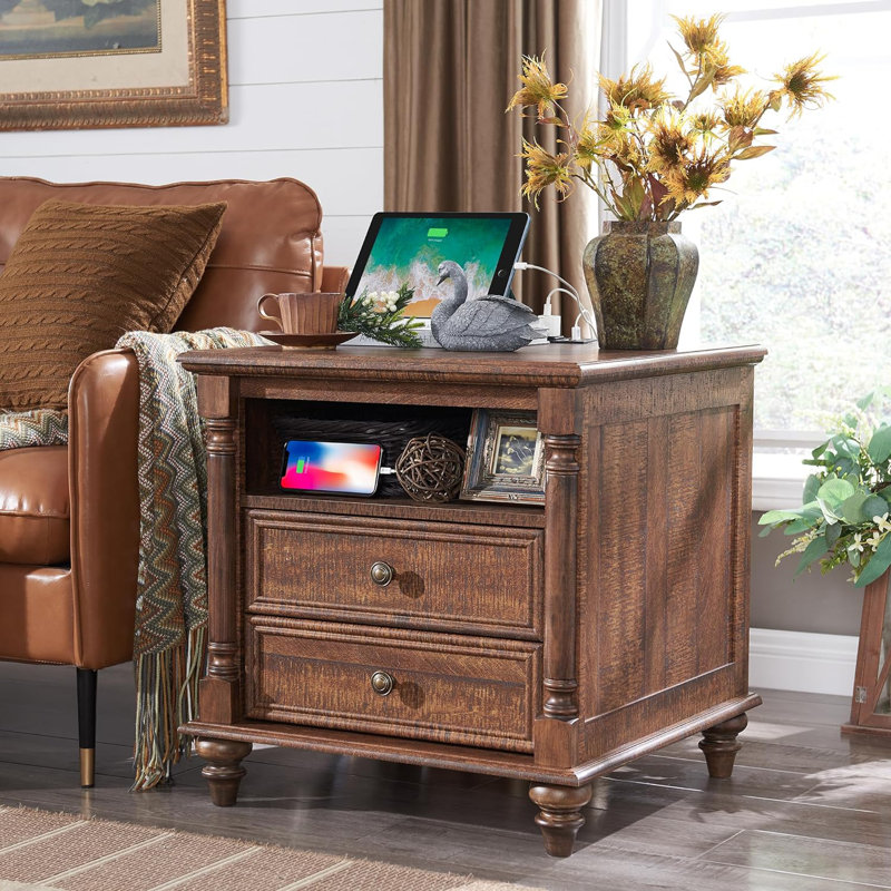 Rushville Farmhouse 2 - Drawers Nightstand with Charging Station, Tall Rustic Wood Square End Table with Open Shelf