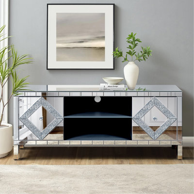 Console média 47 po avec miroir en verre, portes en verre à losanges, double porte et espace de rangement ouvert, compatible avec les téléviseurs de 50 po et décor moderne pour le salon et la chambre à coucher