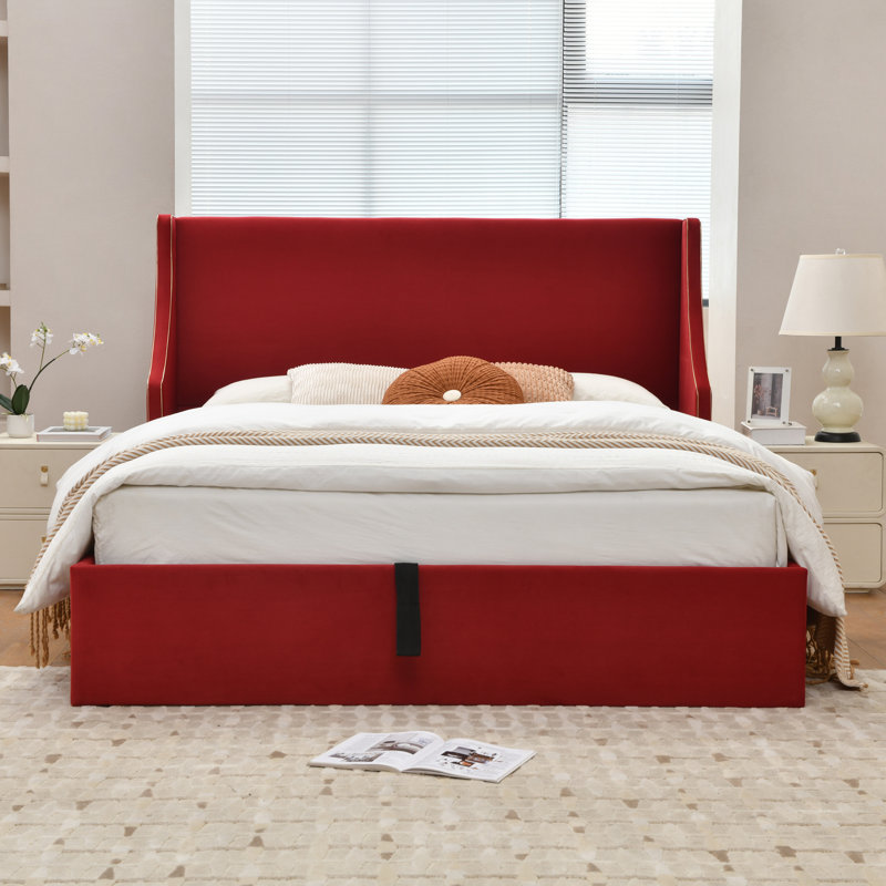 Lit plateforme tapissier avec rangement Linvel, Grand, Velours écarlate