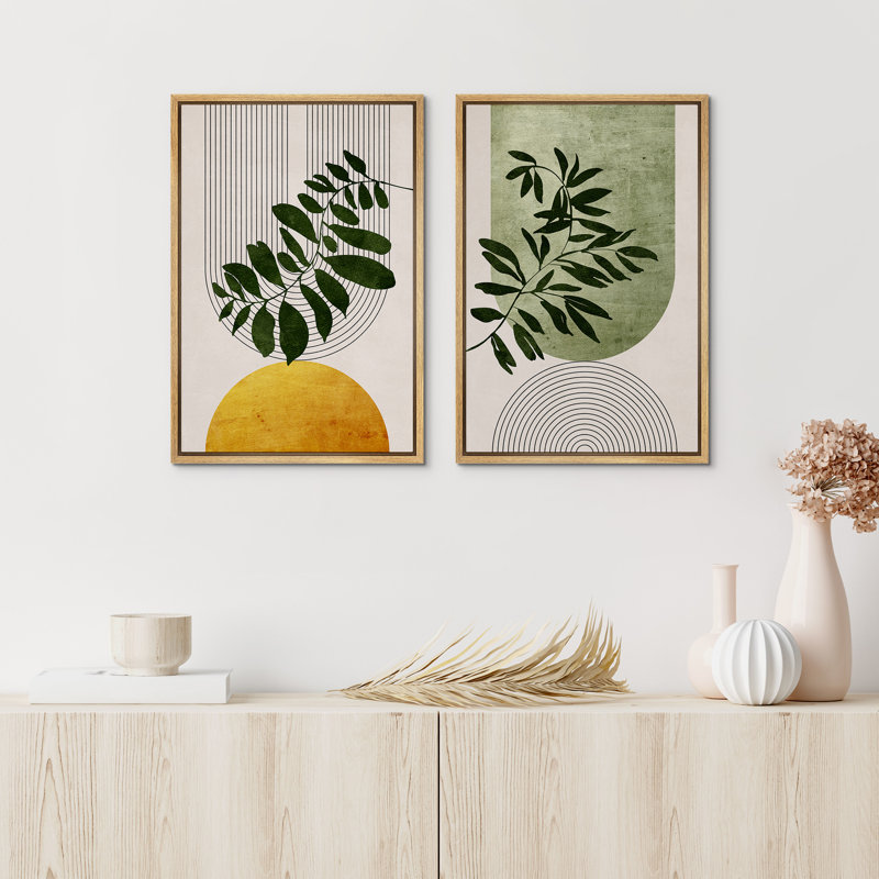 Natural Framed Green and Yellow Plant Canvas Print Set