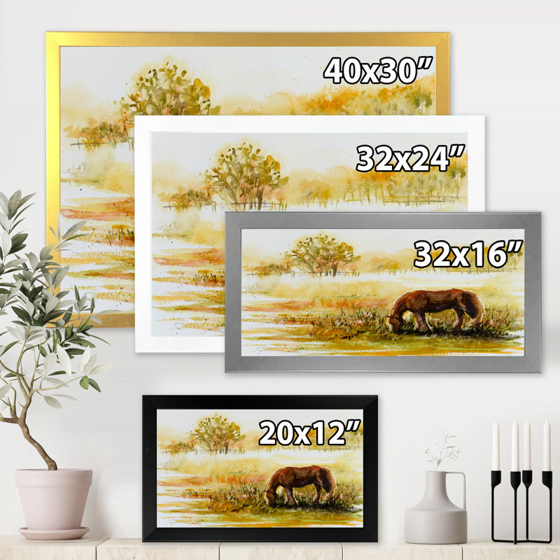 Cheval broutant sur un pré - Peinture sur toile, H 30 po x l 40 po x 1,5 po, Toile encadrée argentée