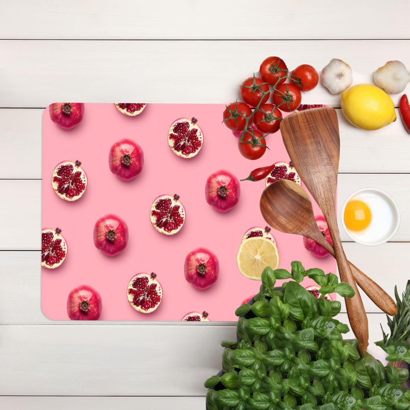 Élégante planche à découper en verre rose avec motif de grenades pour une pièce de décoration de cuisine élégante et unique