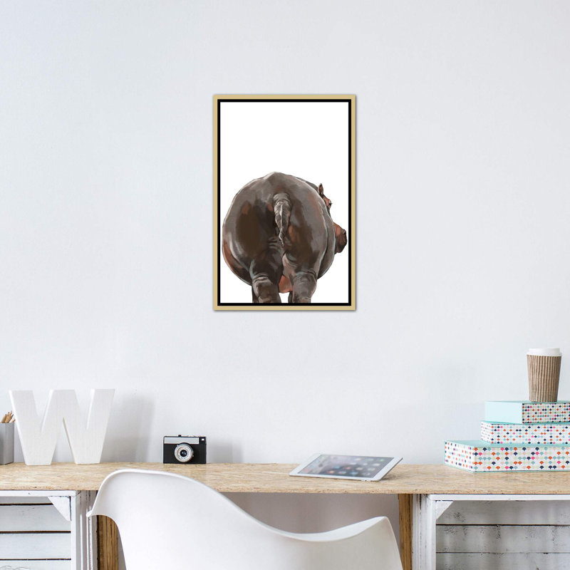 Art hippopotame, Toile encadrée d'or, H 48 po x l 32 po x P 1,5 po