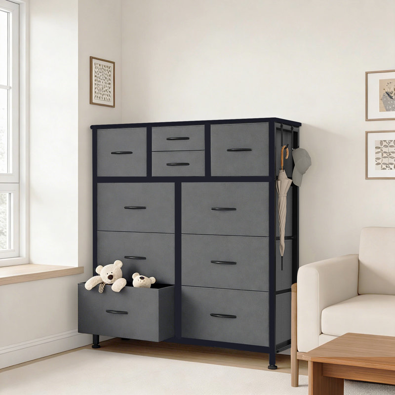 38.98"W 10-Drawer Fabric Dresser with Wood Top and Side Pockets, Storage Chest, Gray