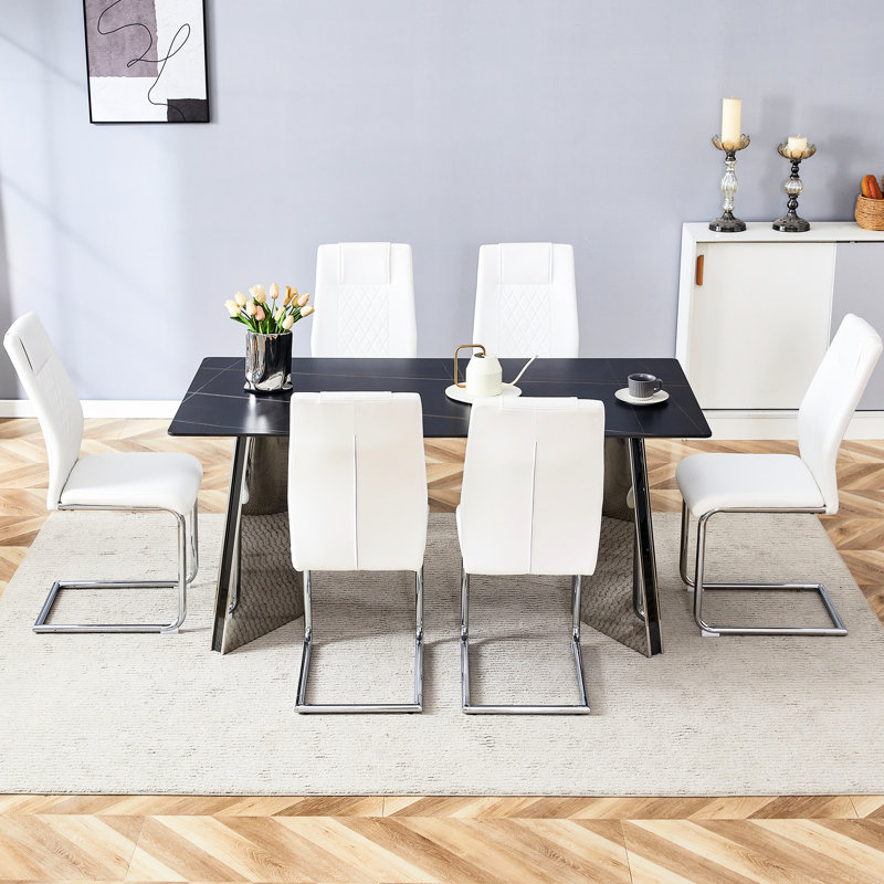 Table élégante et 6 chaises en polyuréthane blanc, Blanc/Noir