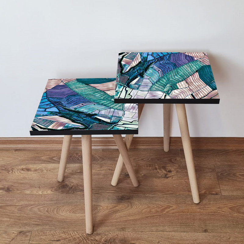 Modern Nesting Table Set (2 Pieces), Abstract Design, Beech Wood Legs, 13.8 x 18.5 x 13.8 in & 13.8 x 16.5 x 13.8 in | 100% MDF Construction, 0.7 in Thickness | Ideal for Living Room, Stylish & Functional
