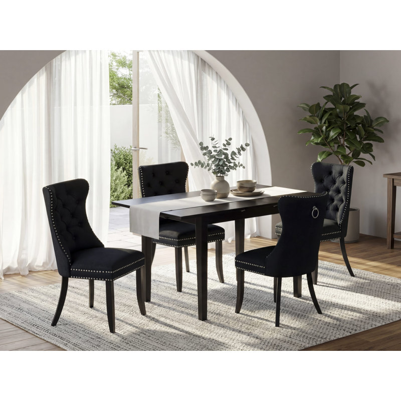 5 Piece Dining Room Table Set Contains a Rectangle Wooden Table with Butterfly Leaf and 4 Polyester Fabric Padded Chairs, Black
