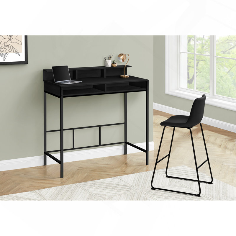 Bureau d'ordinateur, bureau personnel, debout, tablettes de rangement, L 48 po, travail, ordinateur portable, stratifié noir, métal noir, contemporain