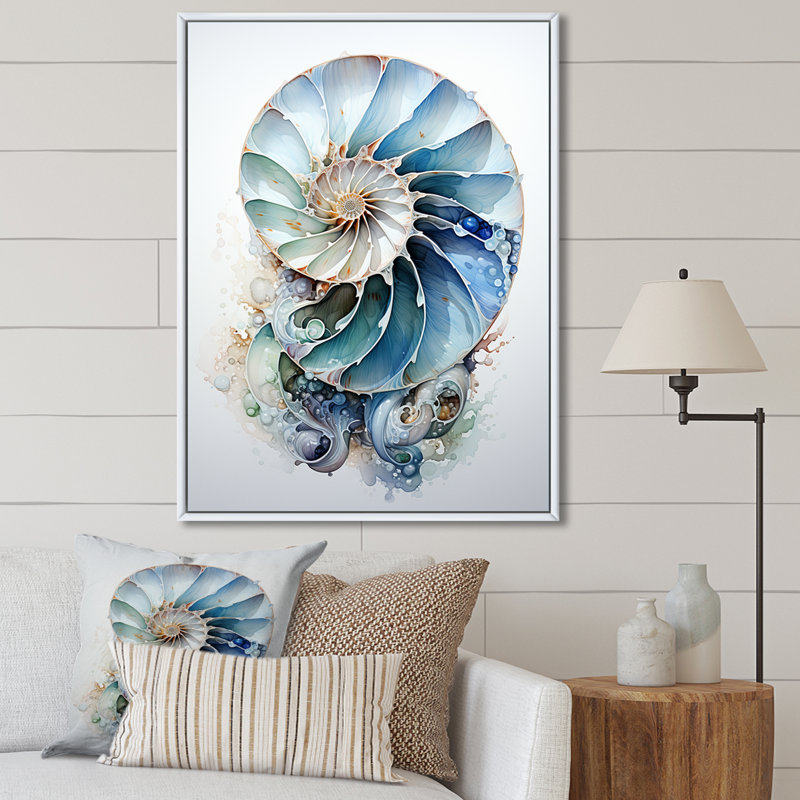 Nautilus Ocean Blue Sheels Symetry - Nautilus, art mural, Reproduction avec cadre flottant, H 20 po x l 12 po, Blanc