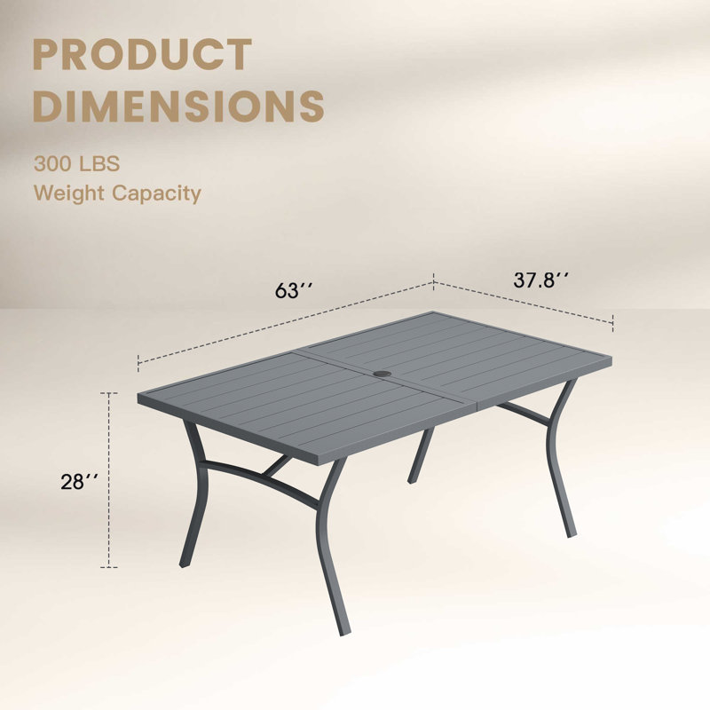 Table de salle à manger d'extérieur rectangulaire pour patio avec structure en métal, H 28 po x L 63 po x l 37,8 po, Gris