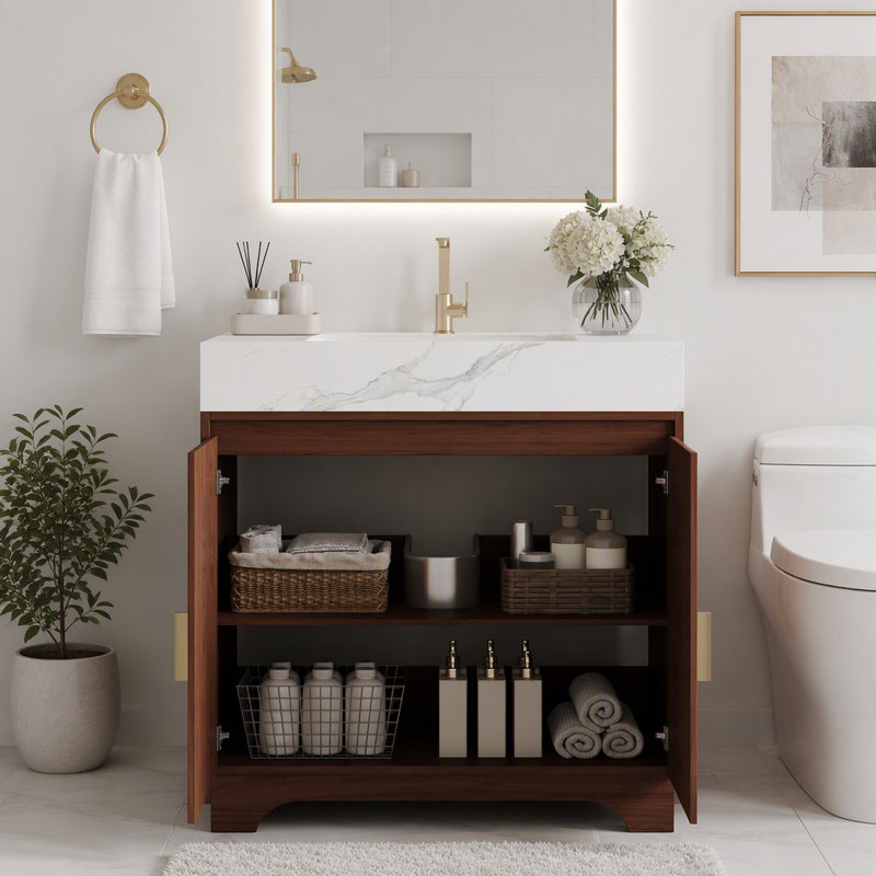 Freestanding Standard Free Standing Single Double Single Vanity Bathroom Vanity With Stone Top, White/Black