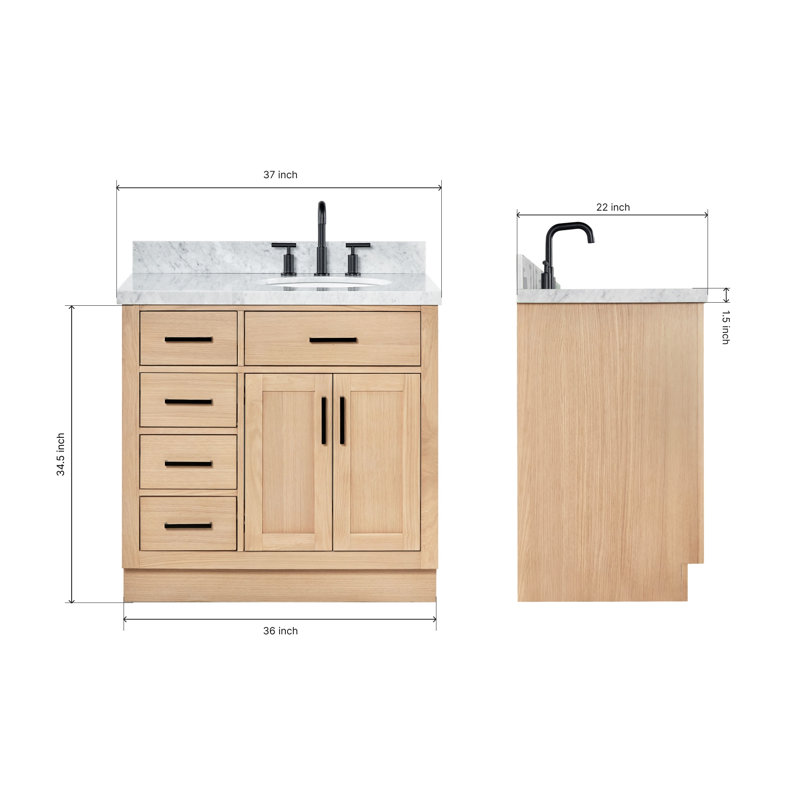 ARIEL HEPBURN 37 IN RIGHT OFFSET RECTANGULAR SINK VANITY 1,5 IN, Oval, Right, Natural Oak