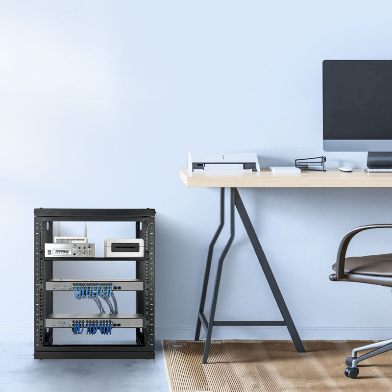 Support mural 12U, capacité de charge maximale de 150 lb, support réseau à cadre ouvert avec portillon 180 degrés, acier au carbone, pour équipement de réseau informatique 19 pouces et appareils audiovisuels, noir