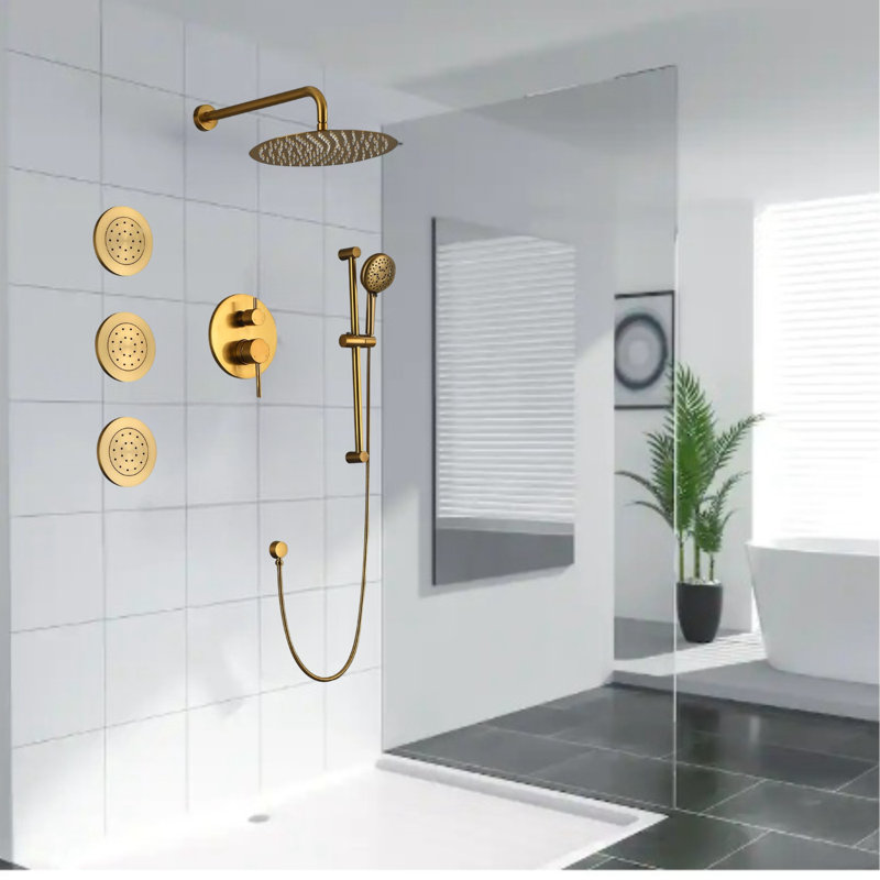 11.8-inch Wall Mount Shower Faucet Set with 3 Body Jets & Slide Bar Handheld Shower Head, Brushed Gold