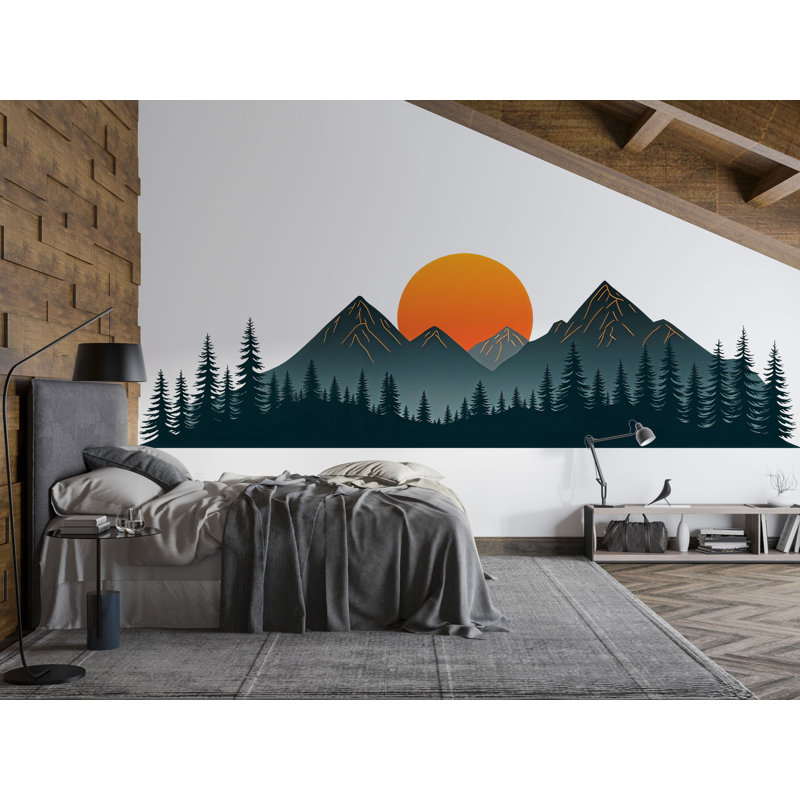 Mountain Forest Wall Decal, Sunset Mountain Wall Sticker, Nature Wall Art, Bedroom Wall Mural, Pine Tree Landscape Decor, 531Mv