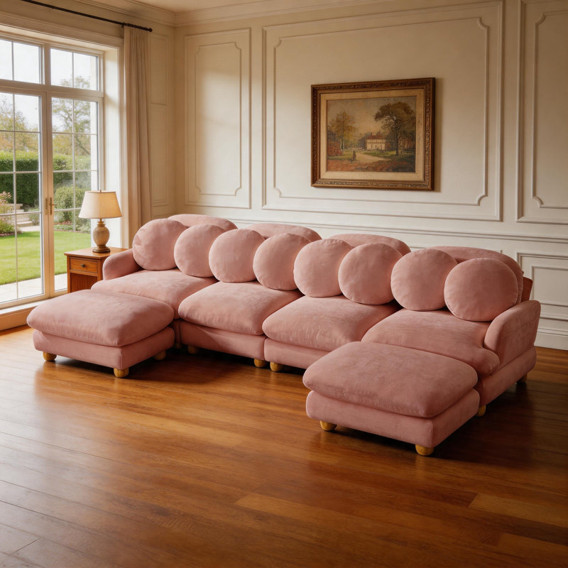 Grand canapé modulaire en chenille 4 places avec repose-pieds, Rose