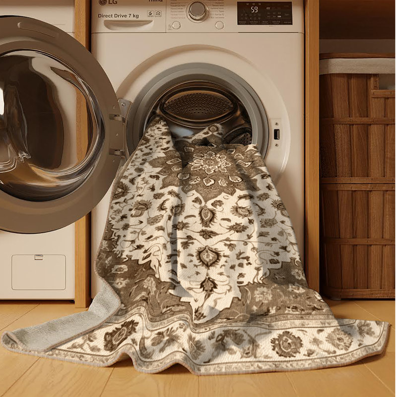Tapis beige Tabriz lavable à la machine, Rectangle 6 pi x 9 pi
