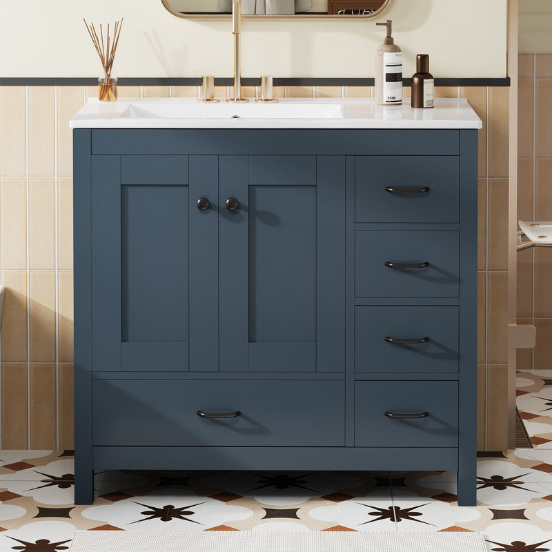 Meuble-lavabo de salle de bain avec lavabo en céramique, portes à fermeture douce et 5 tiroirs