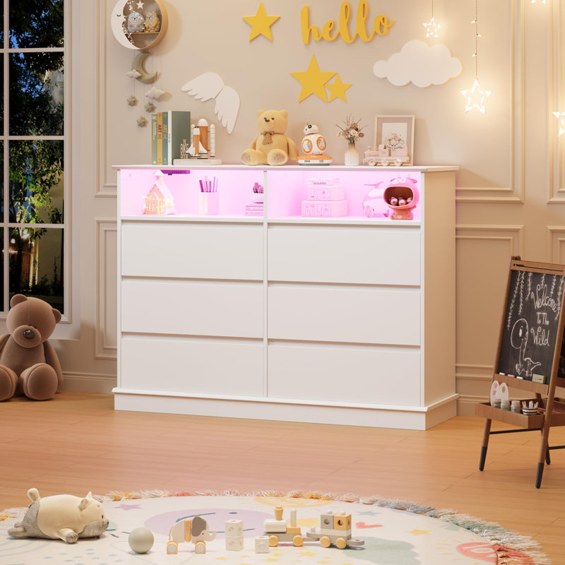 51" Wide 6-Drawer Dresser with RGB LED Lights & Charging Station – Modern Storage Chest with Outlets, USB, and Open Shelf for Bedroom, Living Room, Hallway
