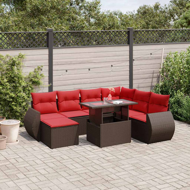  Ensemble de canapé de patio 8 pièces avec coussins en rotin de polyester noir, Rouge, Brun