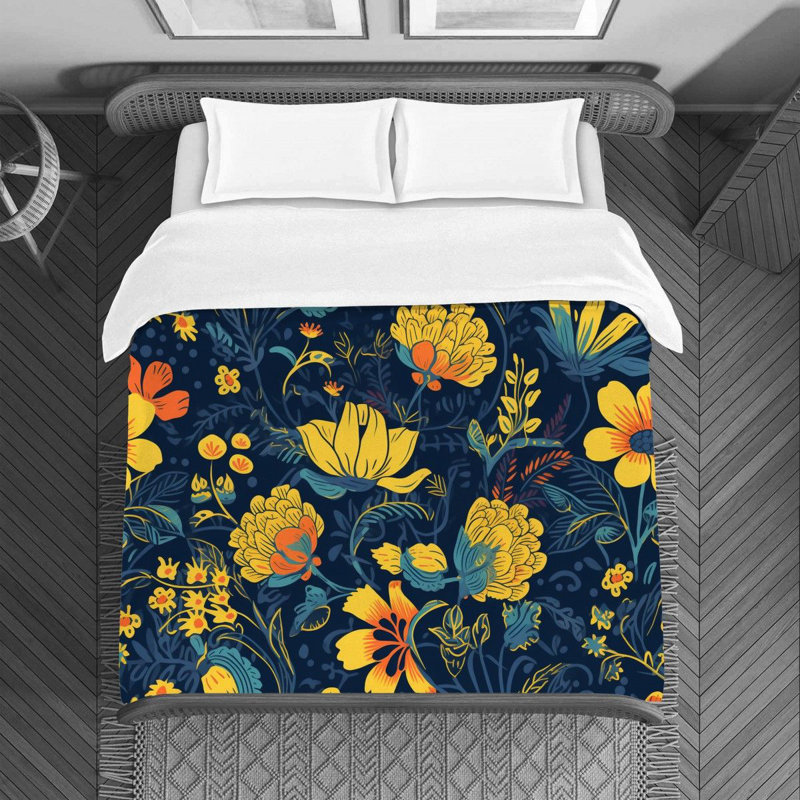 Machine Printed Duvet Cover, Queen Duvet Cover, Navy/Yellow