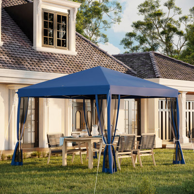 Tente escamotable 10 'X avec filet. Pavillon de jardin instantané pour l'extérieur. Bleu, hauteur réglable, abri de camping pour 10 pièces. Convient aux personnes