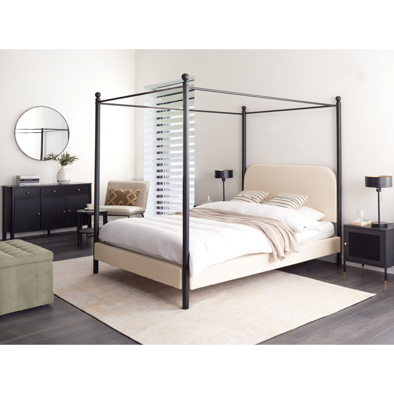 Four Poster Bed Boucle DANNEMOIS, Beige, European Double (140 x 200 cm)