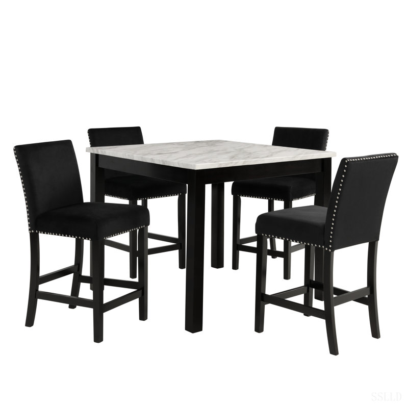 Ensemble de salle à manger à hauteur de comptoir 5 pièces, carré, table en faux marbre blanc, velours noir, capitonné, chaises à têtes de clous, pieds en bois, meubles de salle à manger noirs