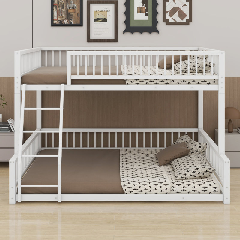 Floor Bunk Bed Frame With Ladder And Safety Guardrails, White