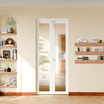 Portes pliantes - 1 porte intérieure en verre Reeded pour garde-robe, bois massif avec serrure, poignée et quincaillerie.